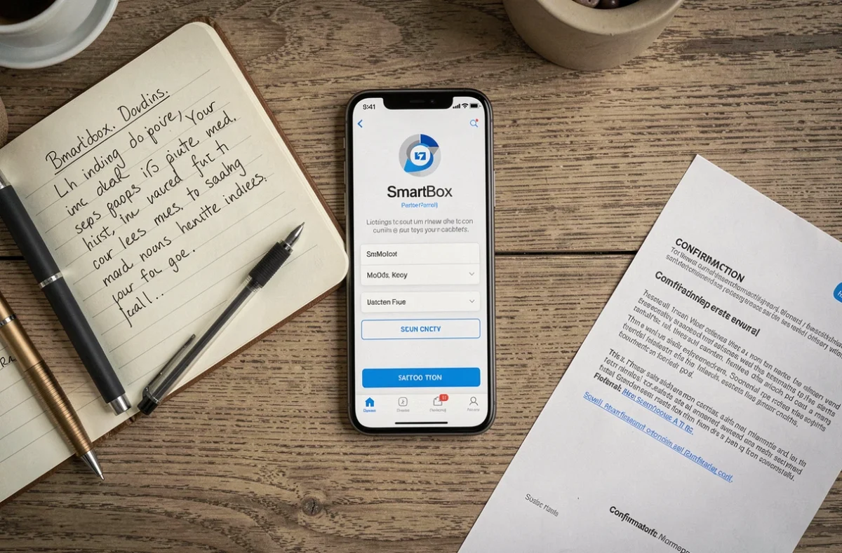 Vue aérienne d'un bureau avec smartphone affichant le tableau de bord du compte partenaire Smartbox et notes manuscrites