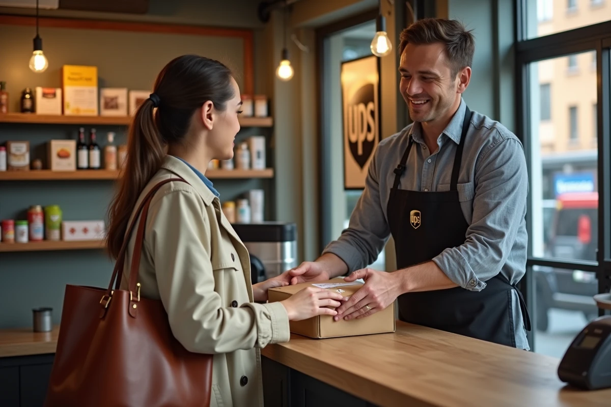 Une femme dépose un colis dans un point relais UPS chez un commerçant de quartier