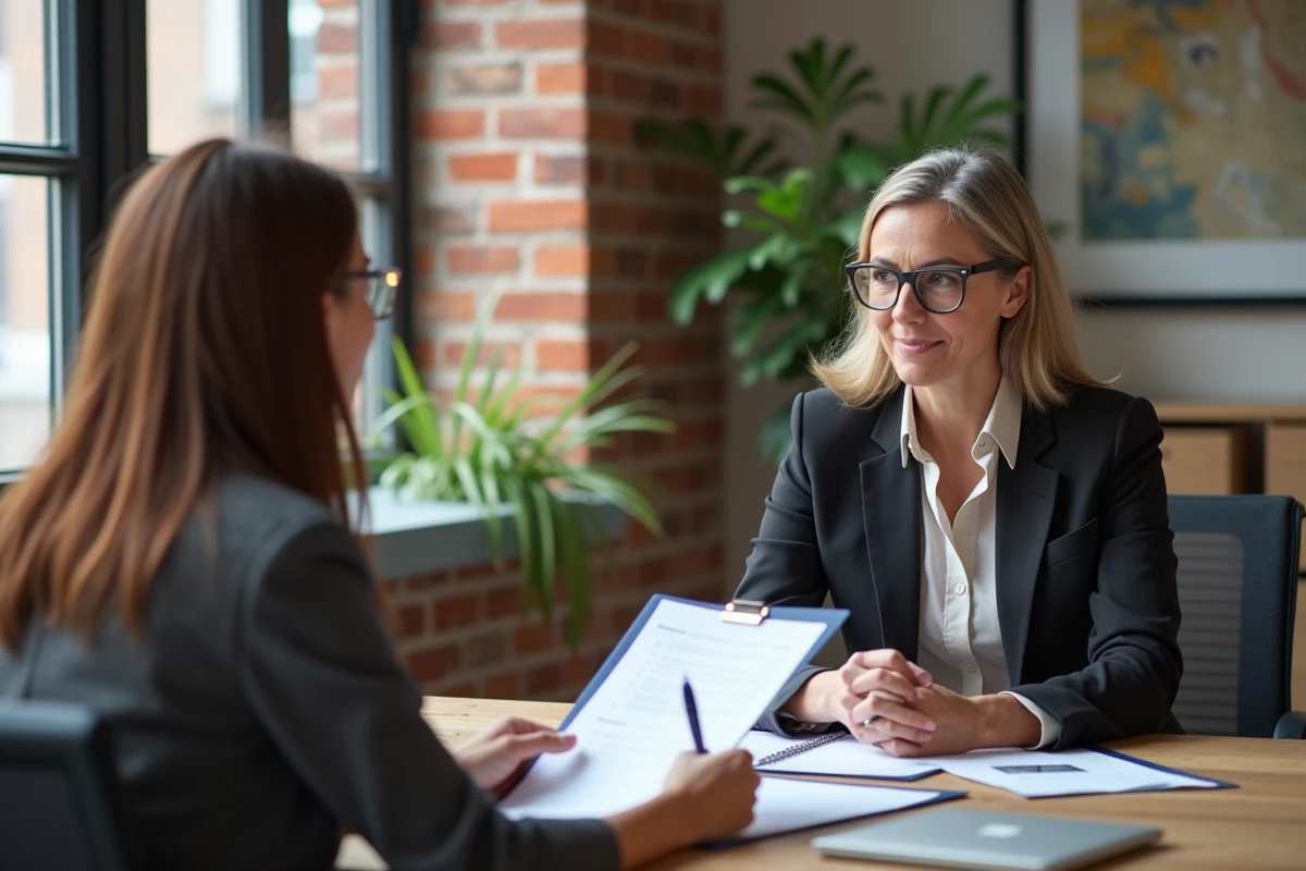 Designer freelance expliquant un contrat à un client dans un espace de coworking
