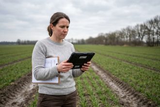 Technicienne terrain analysant des données sur une tablette numérique dans un champ agricole, illustrant la digitalisation du suivi terrain