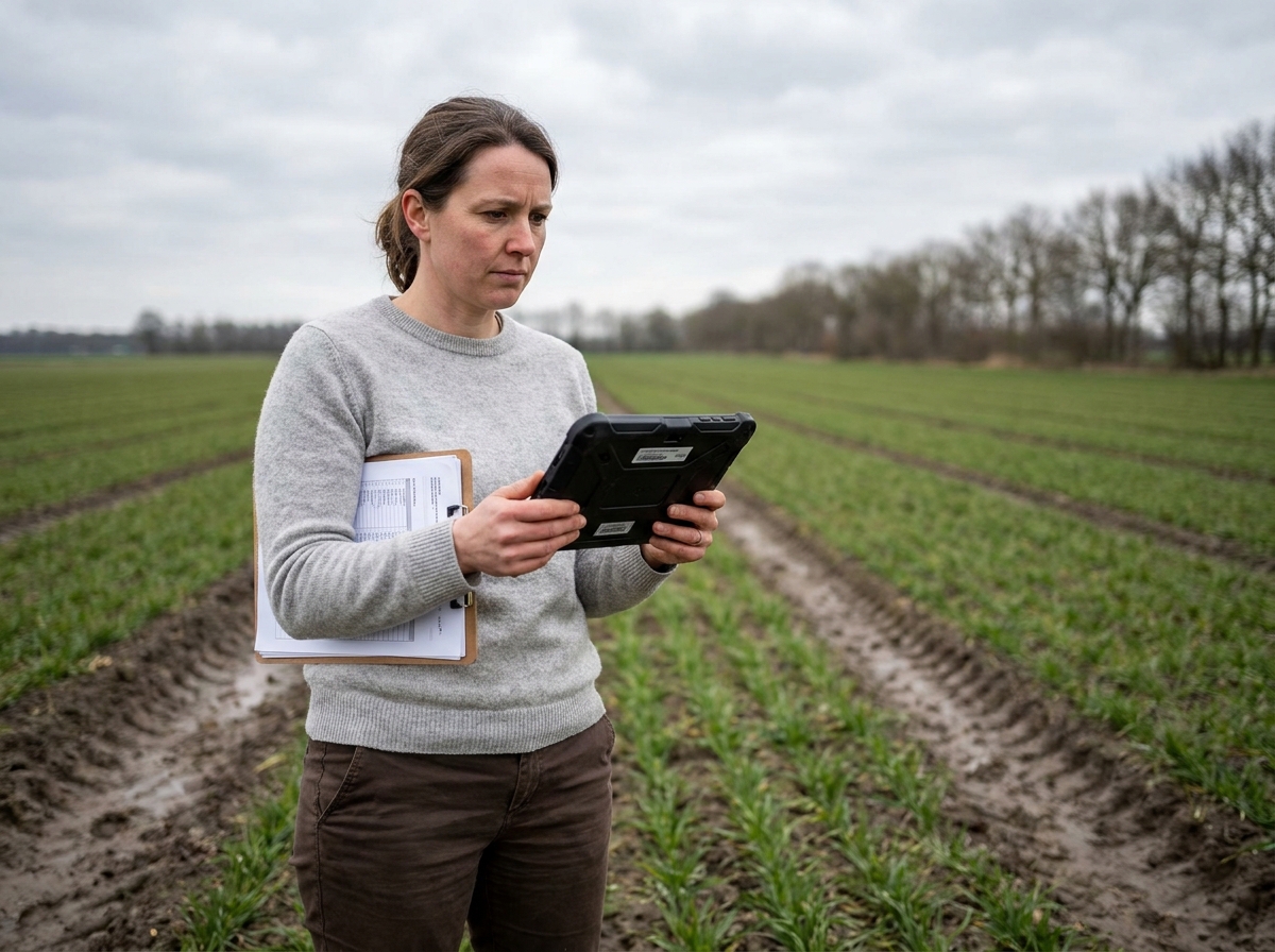 Technicienne terrain analysant des données sur une tablette numérique dans un champ agricole, illustrant la digitalisation du suivi terrain