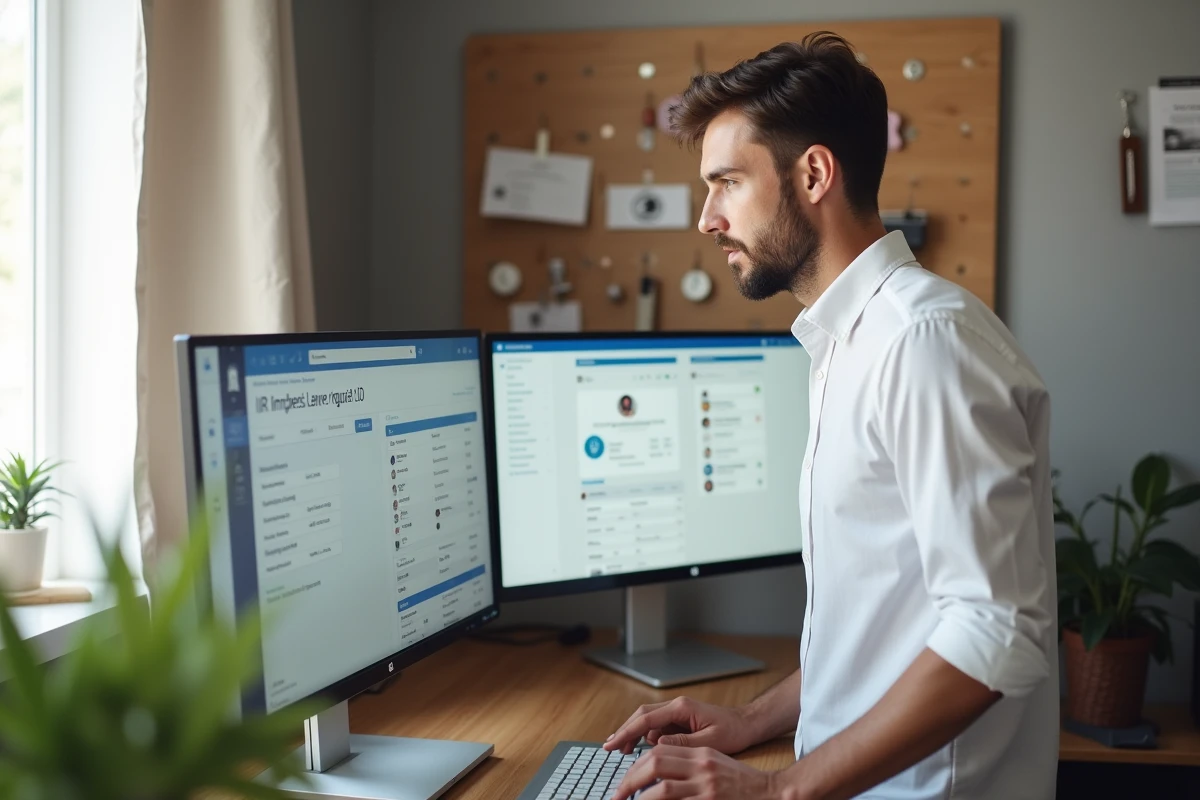 Dirigeant de petite entreprise gérant les ressources humaines depuis son bureau à domicile sur un écran SaaS