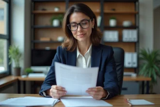 Femme dirigeante d'entreprise examinant des documents administratifs officiels dans un bureau professionnel organisé