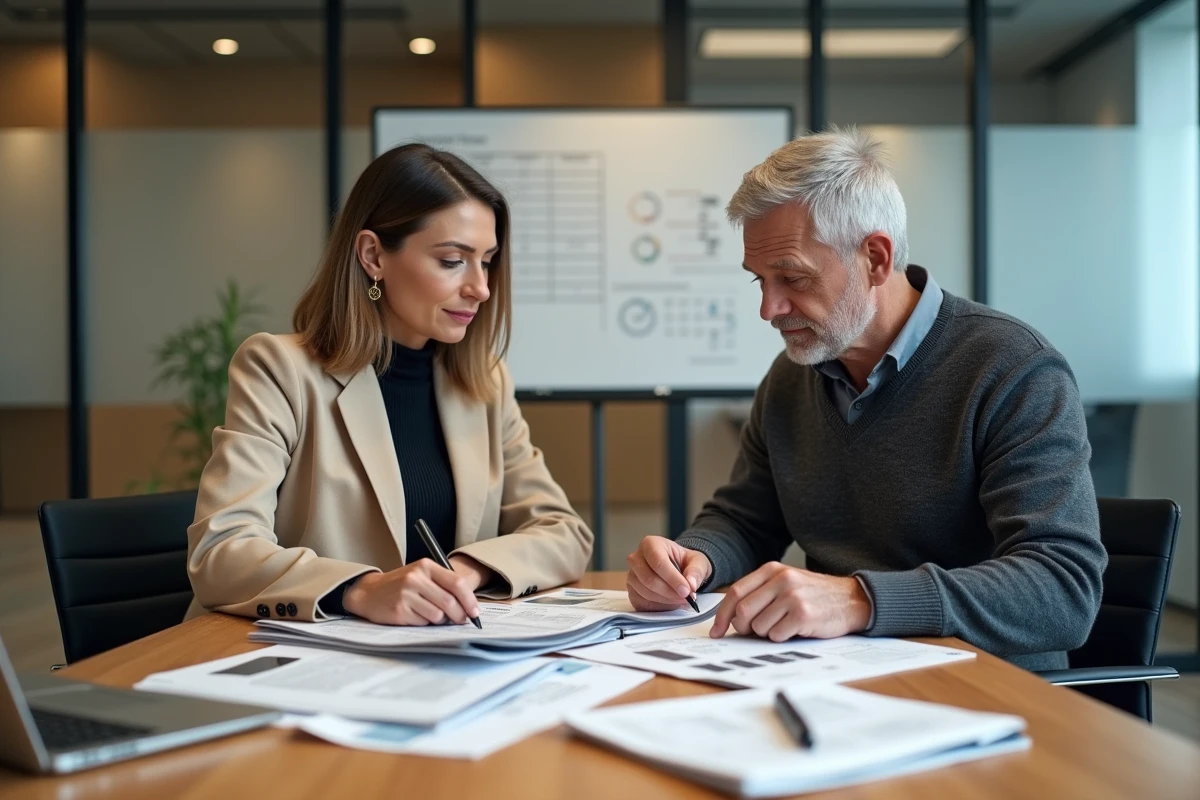 Deux dirigeants de TPE-PME discutant de contenus éditoriaux business autour d'une table de réunion avec magazines et ordinateur portable