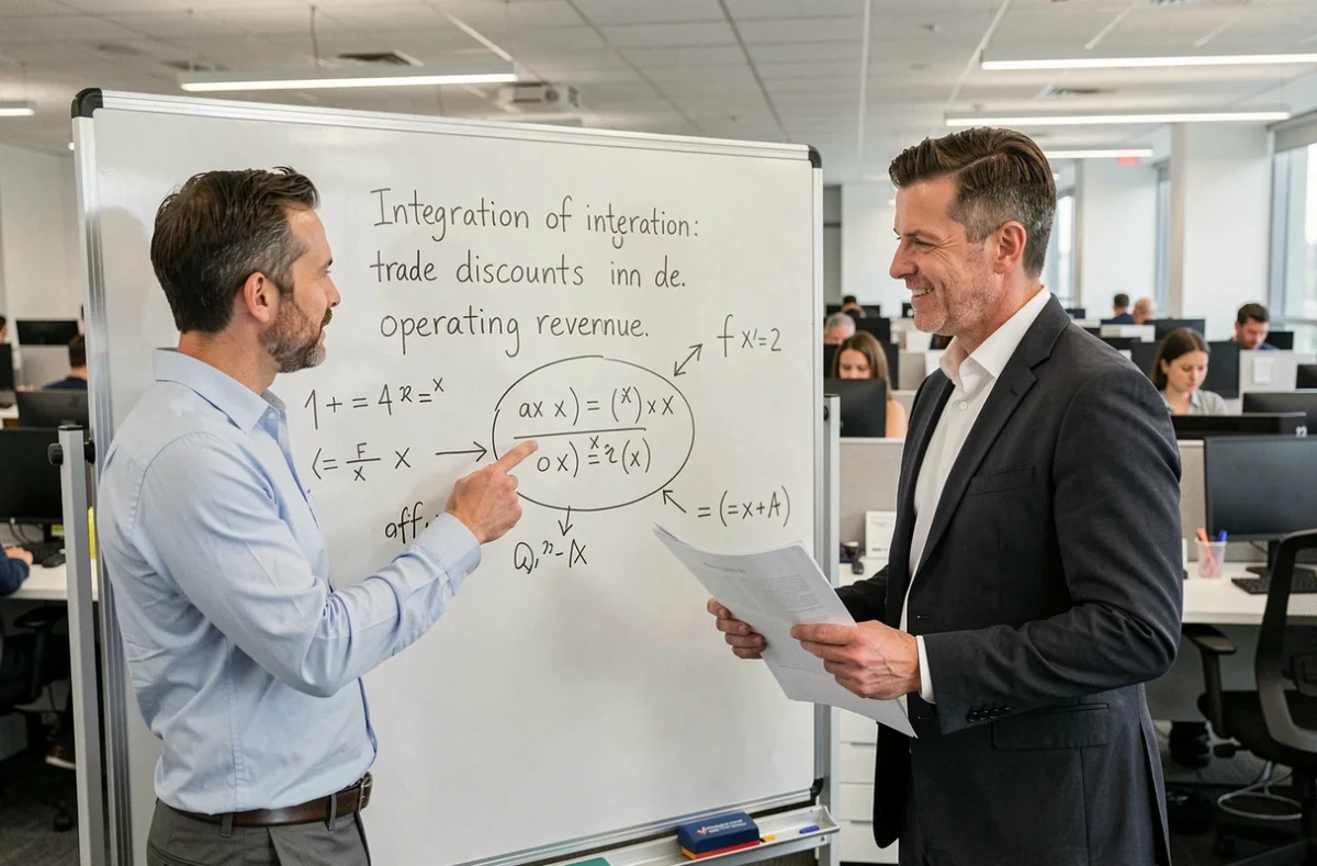 Deux professionnels discutant de l'intégration des remises commerciales dans le calcul du chiffre d'affaires opérationnel devant un tableau blanc