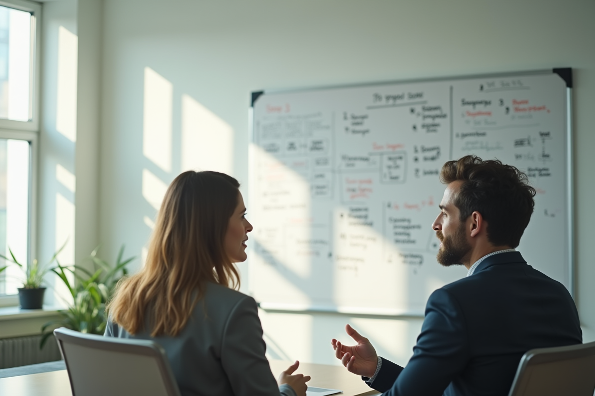 Deux professionnels en discussion dans une salle de réunion lumineuse