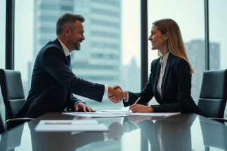 Homme d'affaires et jeune femme se serrant la main dans un bureau moderne