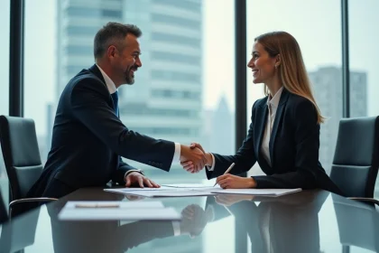 Homme d'affaires et jeune femme se serrant la main dans un bureau moderne