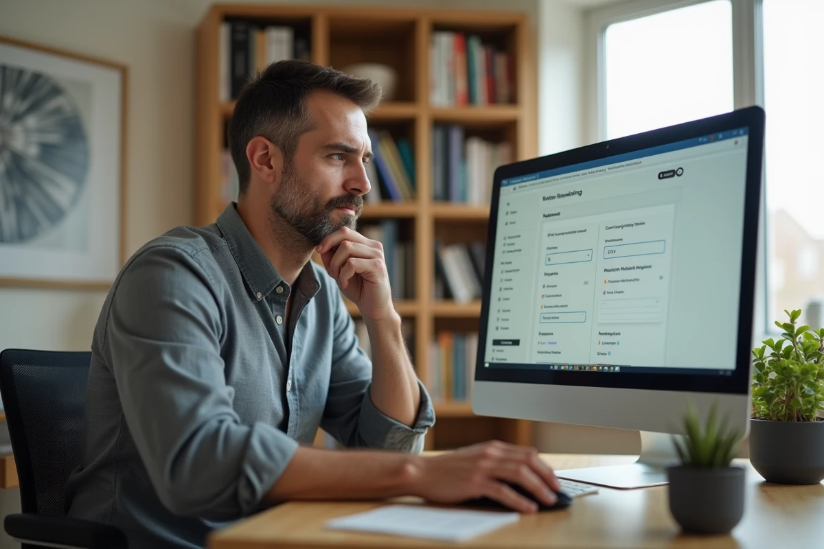 Employé mettant à jour ses paramètres de compte salarié sur un ordinateur de bureau à domicile