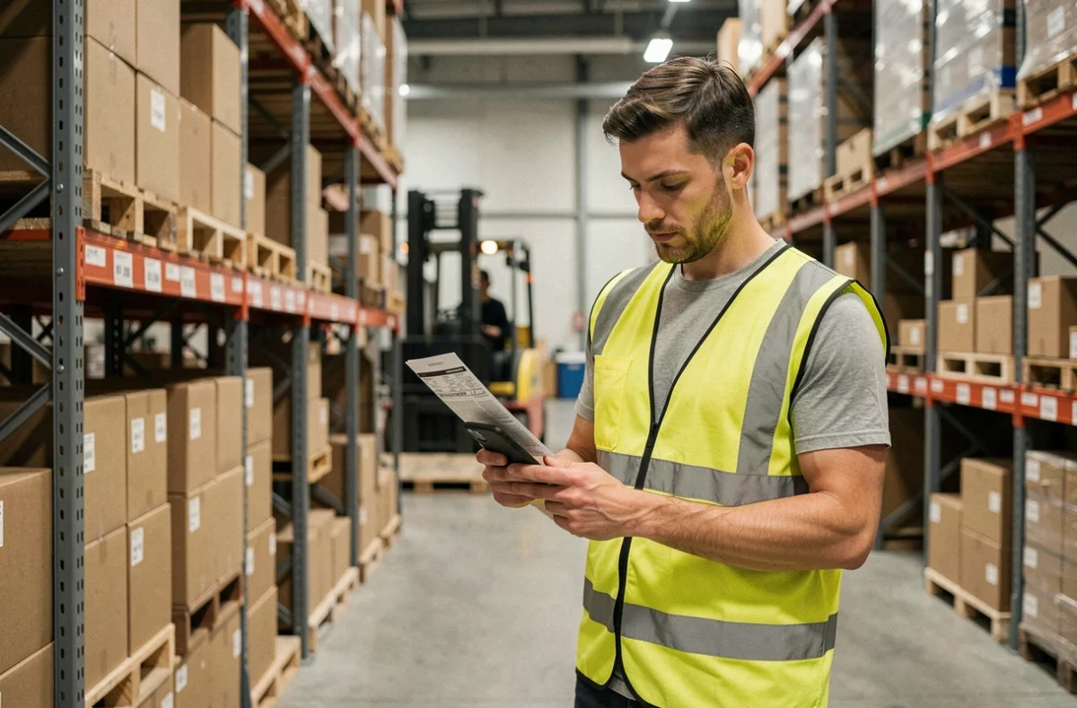 Employé logistique en entrepôt téléphonant pour contacter DB Schenker et vérifier le suivi d'une livraison