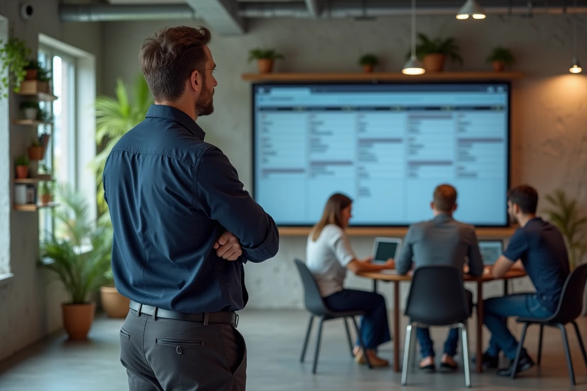 Employé en coworking consultant un planning hebdomadaire affiché sur écran mural
