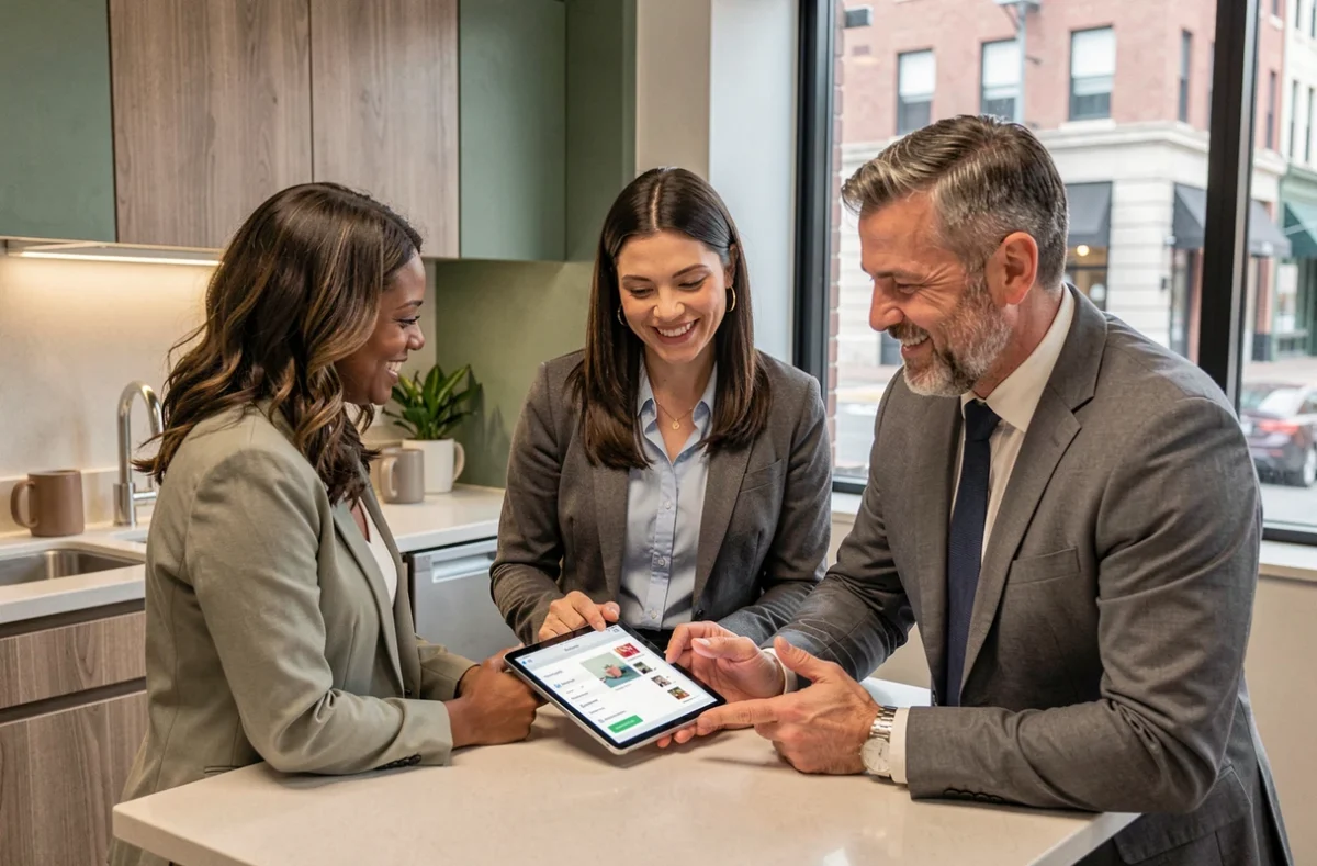 Groupe d'employés découvrant ensemble un shopping pass CSE sur tablette dans la salle de pause de leur entreprise