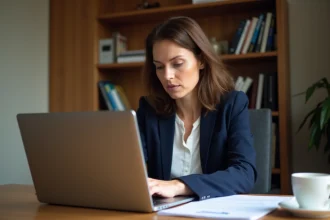 Enseignante de l'Éducation nationale consultant ses fiches de paie en ligne sur un ordinateur portable depuis son bureau à domicile