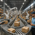 Photo d'un entrepôt moderne avec robots et convoyeurs