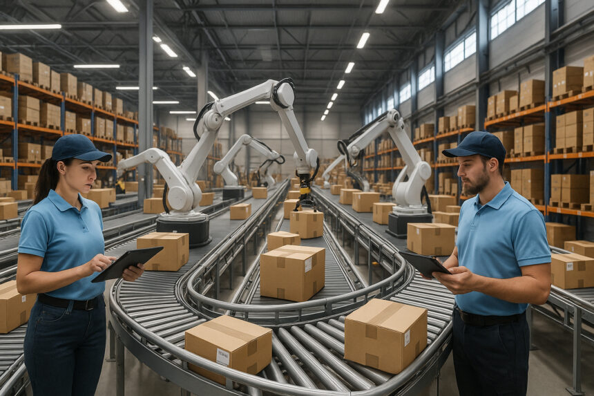 Photo d'un entrepôt moderne avec robots et convoyeurs