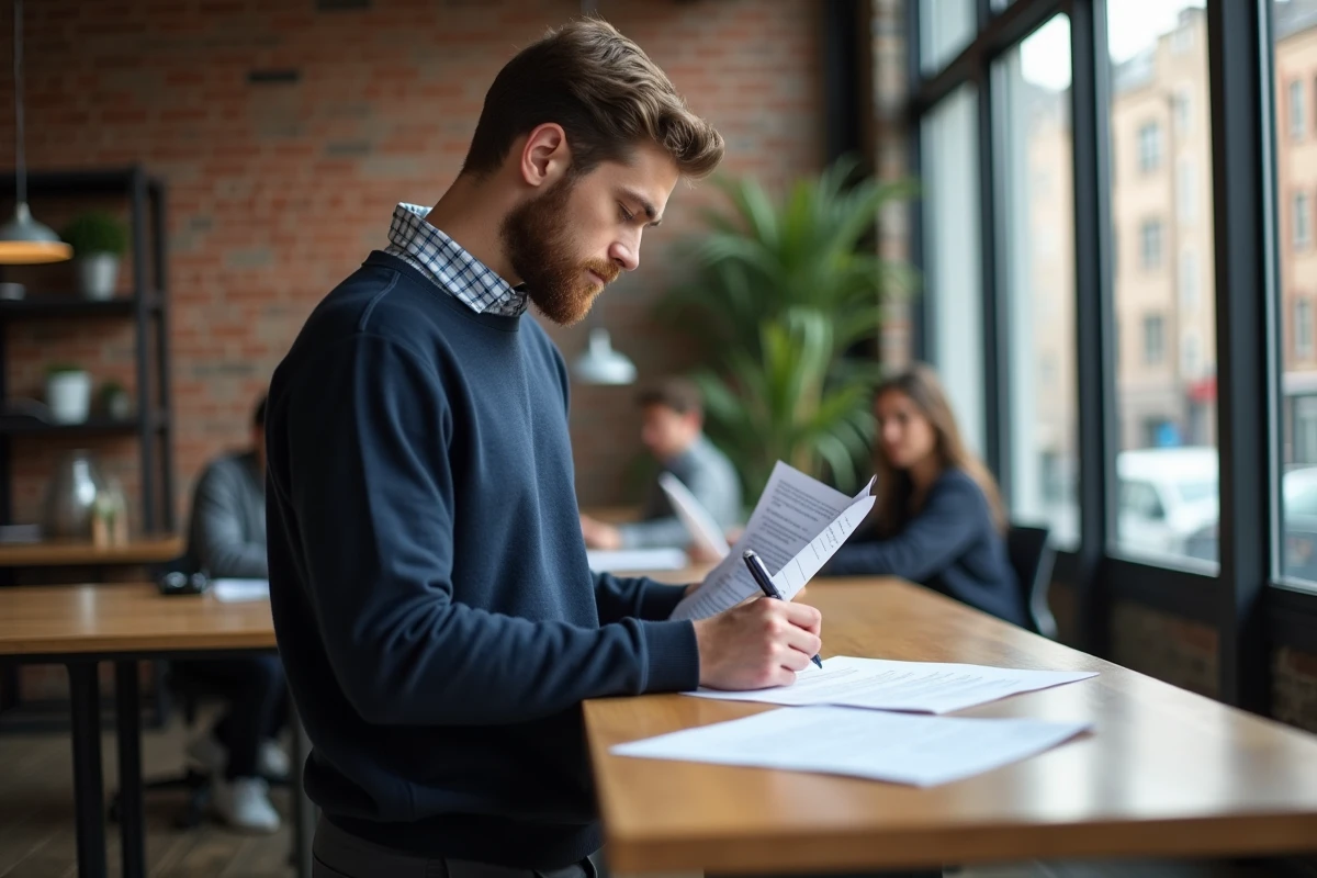 Jeune entrepreneur masculin consultant des documents administratifs pour sa micro-entreprise dans un espace de coworking moderne