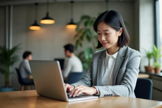 Femme entrepreneur remplissant un formulaire d'immatriculation d'entreprise en ligne sur un ordinateur portable dans un espace de coworking moderne