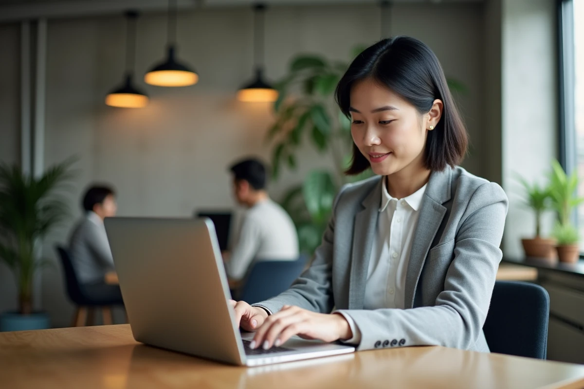Femme entrepreneur remplissant un formulaire d'immatriculation d'entreprise en ligne sur un ordinateur portable dans un espace de coworking moderne
