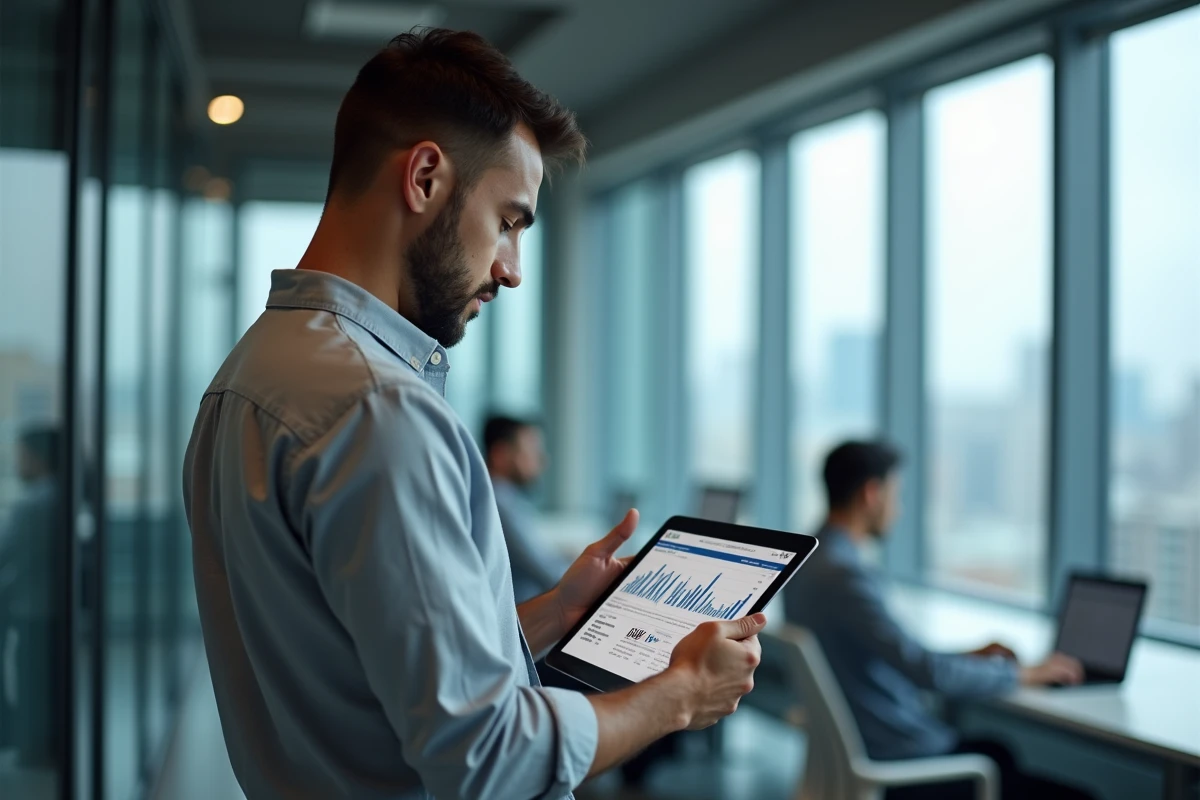 Entrepreneur PME consultant des actualités business sur tablette dans un espace de coworking urbain