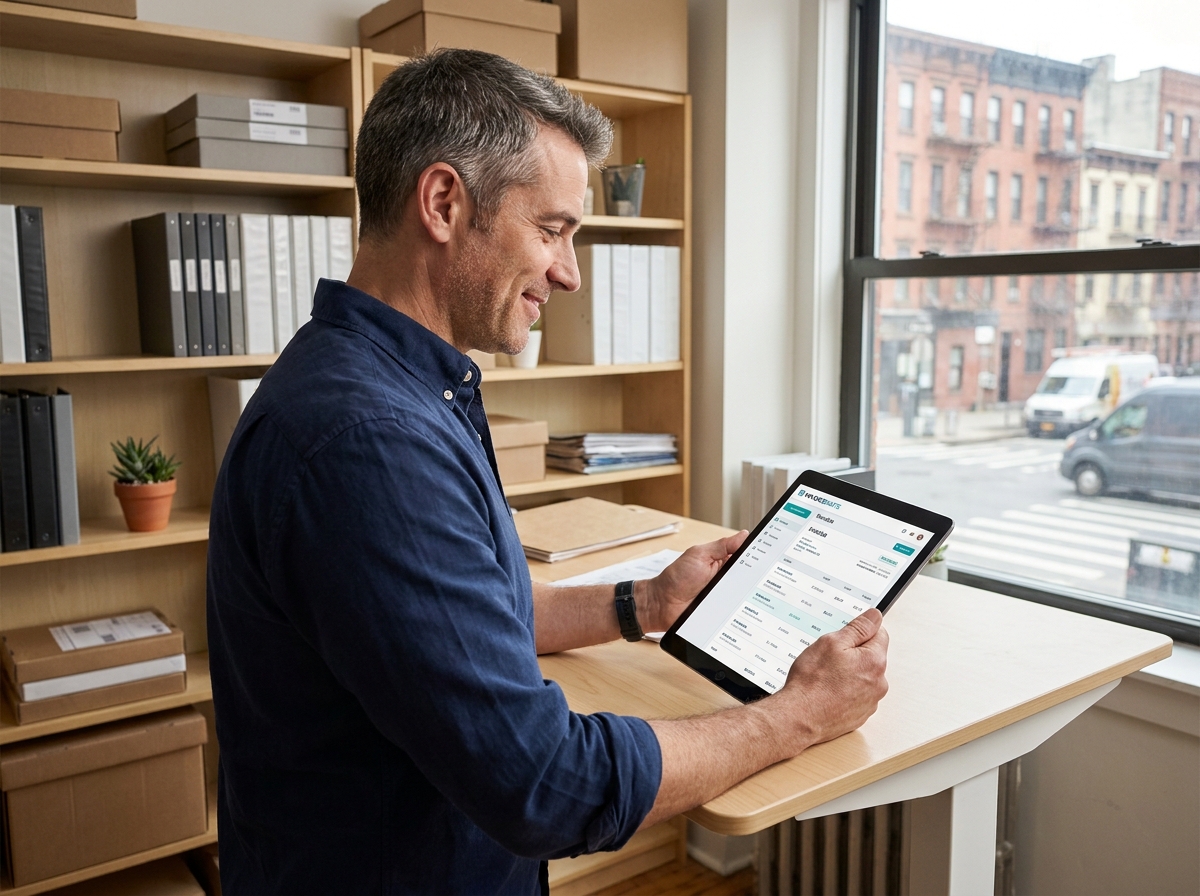 Entrepreneur consultant une interface de facturation électronique sur tablette dans le bureau d'une PME
