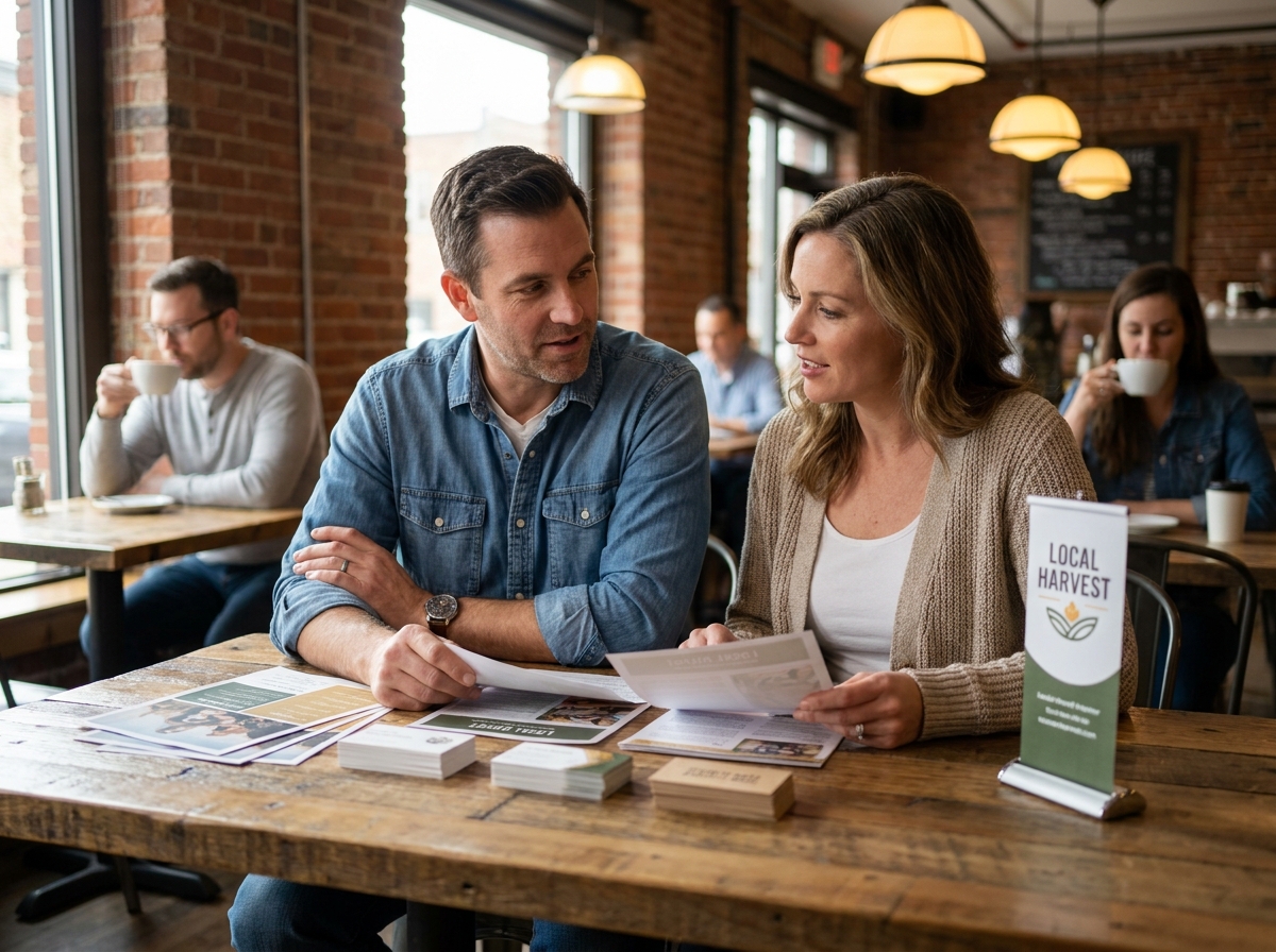Deux entrepreneurs comparant des supports marketing imprimés dans un café pour choisir la meilleure option budget-qualité