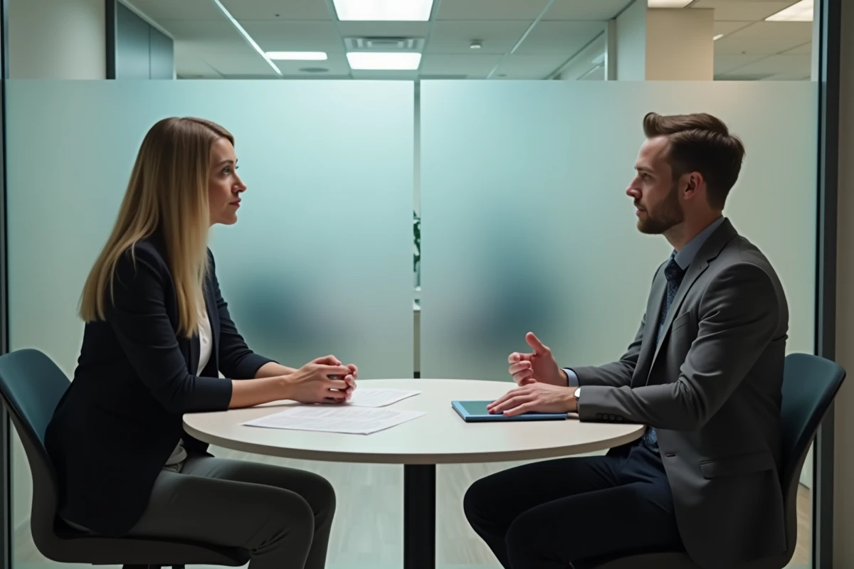 Deux professionnels en discussion autour de documents dans une salle de réunion, illustrant un entretien conseil sur les droits et alternatives au contrat de sécurisation professionnelle