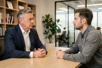 Entretien sérieux entre un manager et un employé dans un bureau d'entreprise moderne, illustration d'une conversation disciplinaire au travail