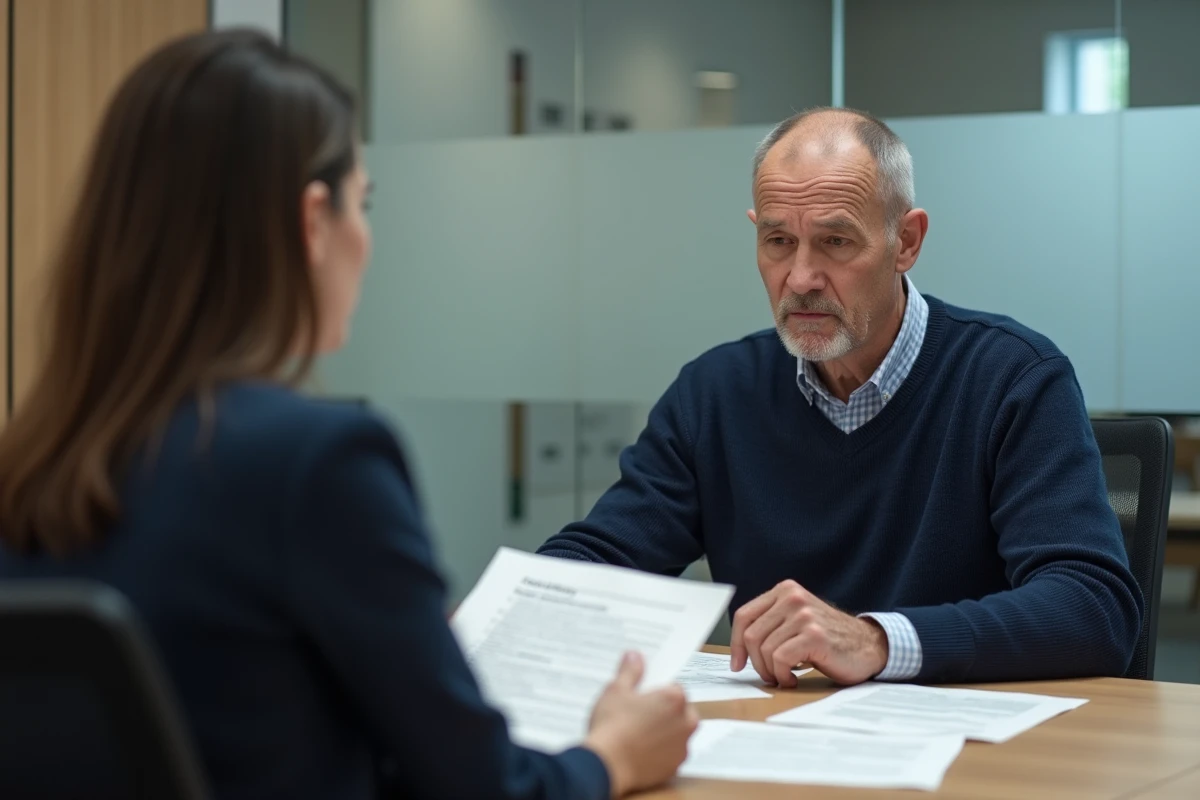 Entretien tendu entre un employé et un responsable RH autour de documents officiels, évoquant les démarches et risques d'un licenciement sans droit au chômage
