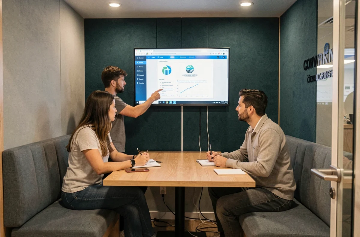 Petite équipe en réunion dans un bureau privatif d'un espace de coworking avec écran de présentation