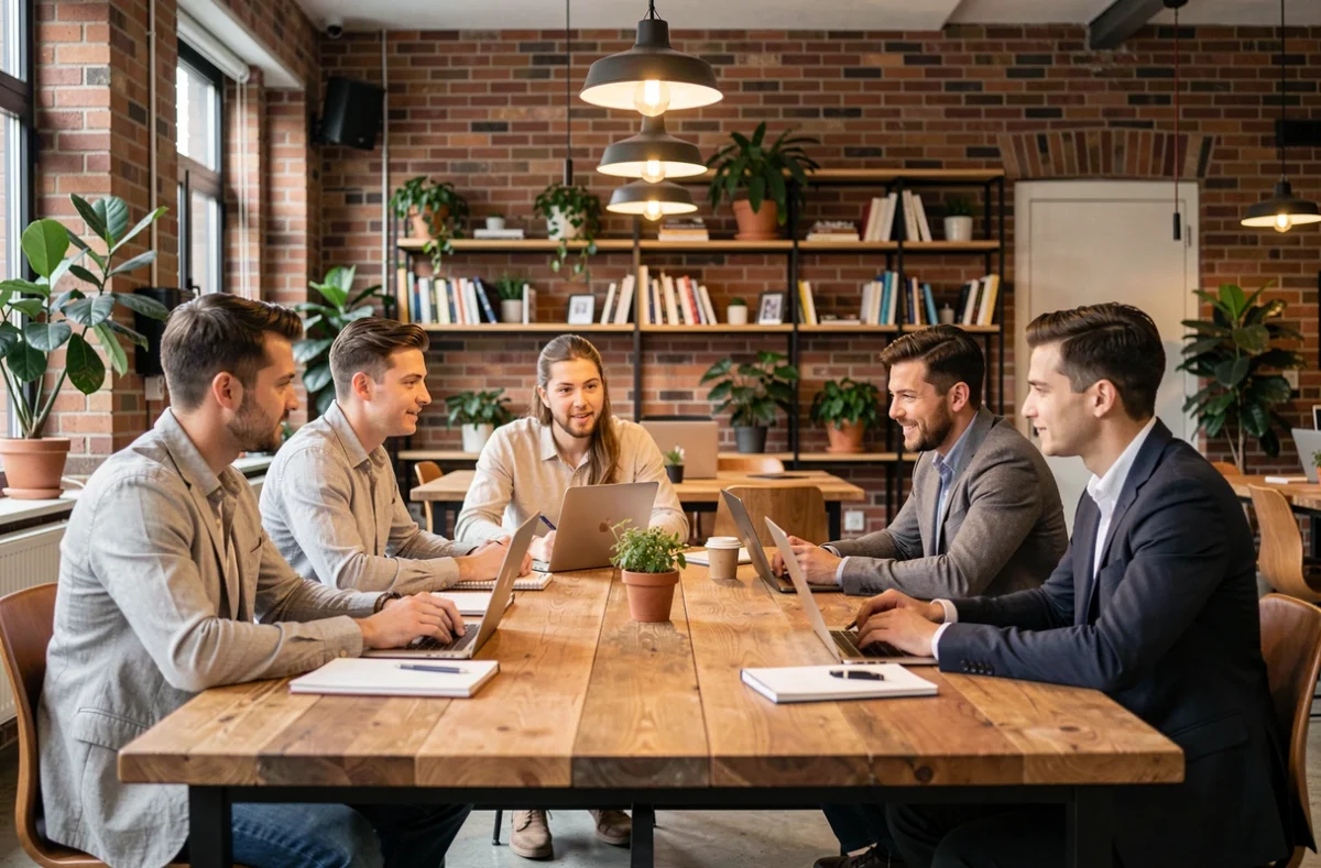 Équipe de professionnels travaillant ensemble dans un espace de coworking moderne avec tables partagées et ambiance collaborative