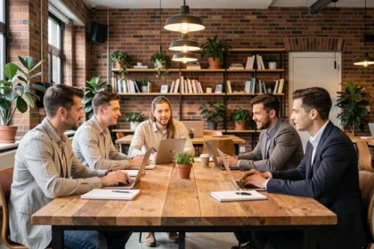 Équipe de professionnels travaillant ensemble dans un espace de coworking moderne avec tables partagées et ambiance collaborative
