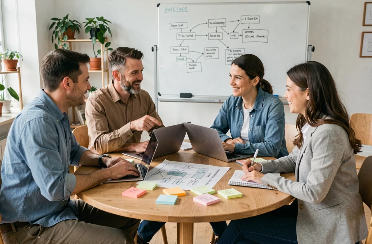 Équipe pluridisciplinaire réunie autour d'une table pour planifier les étapes d'un déploiement progressif d'une solution en entreprise