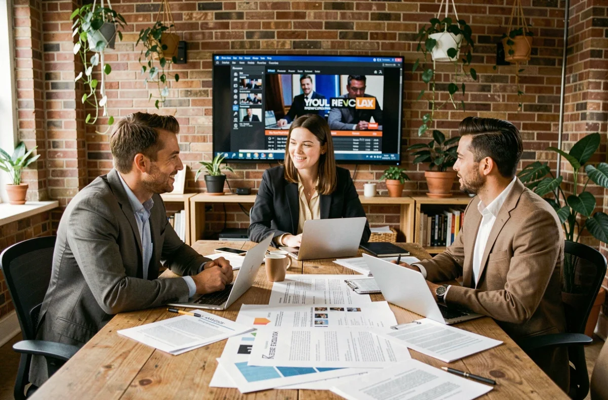 Équipe de relations publiques collaborant autour d'une table sur une stratégie de notoriété télévisée dans une agence créative