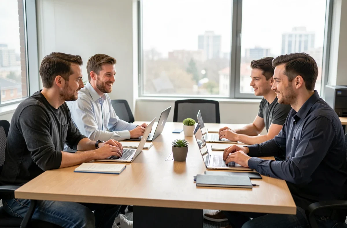 Équipe réunie autour d'une table dans des bureaux d'entreprise