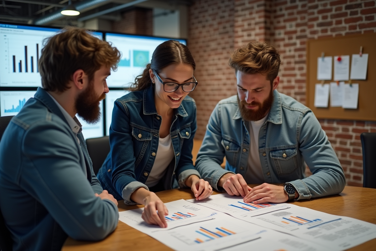Equipe de trois personnes analysant des graphiques en coworking