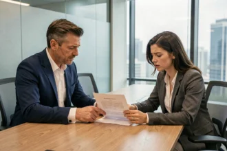 Responsable RH et employée en réunion examinant un document de rupture conventionnelle avec une expression préoccupée