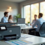 Espace de bureau moderne avec collaborateurs et imprimante HP