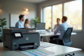 Espace de bureau moderne avec collaborateurs et imprimante HP