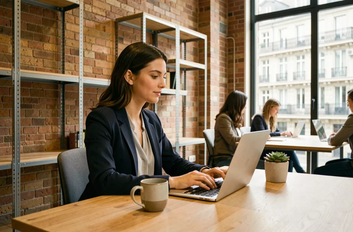 Femme professionnelle travaillant dans un espace de coworking moderne à Lyon avec bureaux en bois et murs en briques apparentes