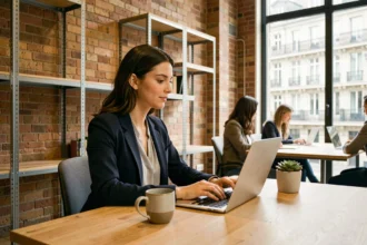 Femme professionnelle travaillant dans un espace de coworking moderne à Lyon avec bureaux en bois et murs en briques apparentes