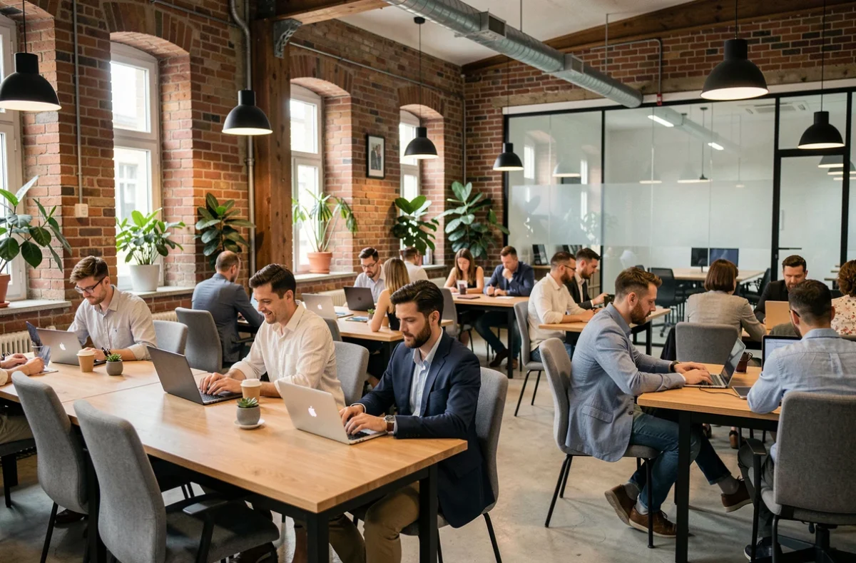 Espace de coworking moderne à Reims avec des professionnels travaillant sur des bureaux partagés dans un bâtiment industriel rénové