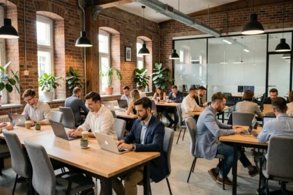 Espace de coworking moderne à Reims avec des professionnels travaillant sur des bureaux partagés dans un bâtiment industriel rénové