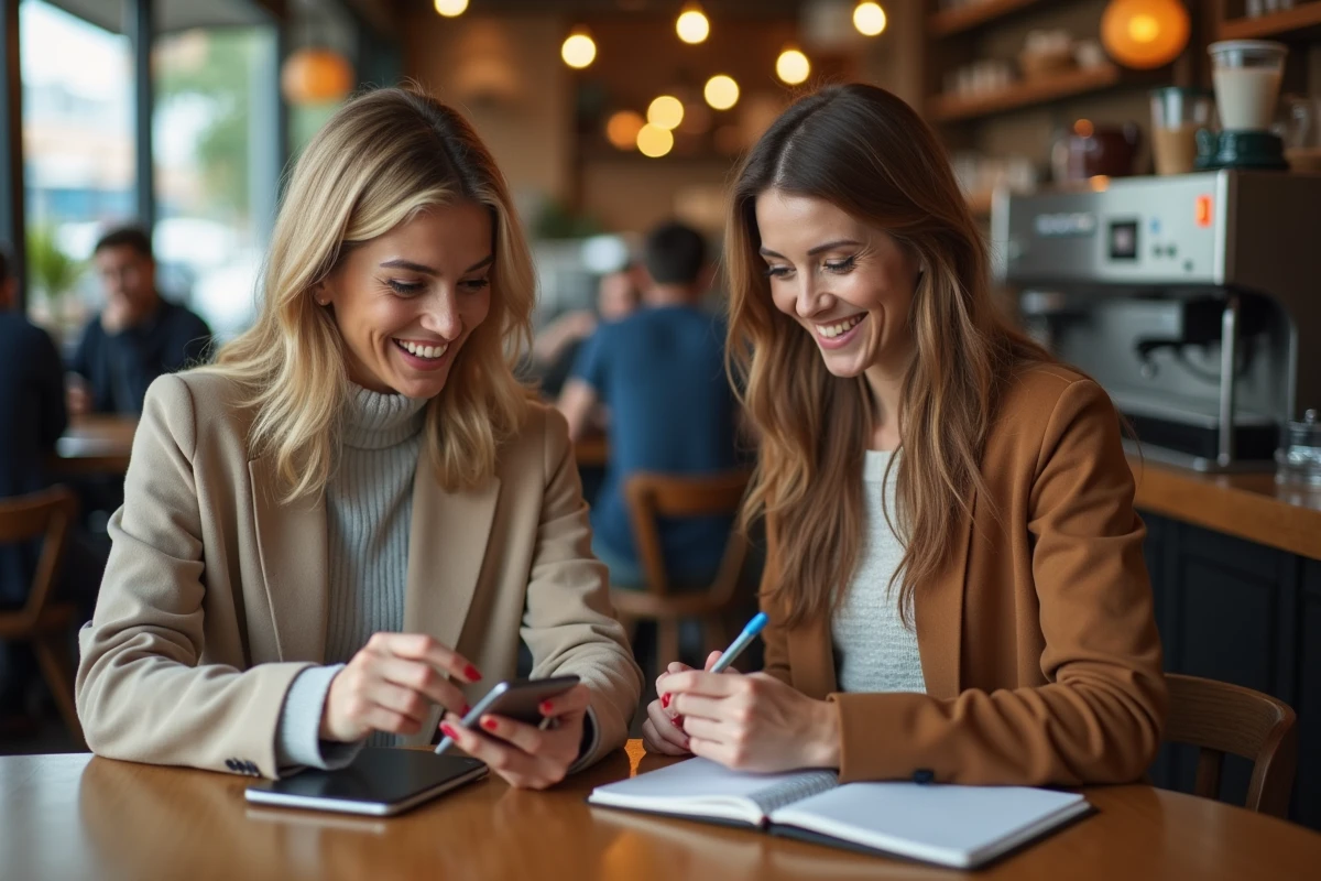 Deux femmes discutant des étapes d'inscription à Partylite My Business autour d'un café en ville