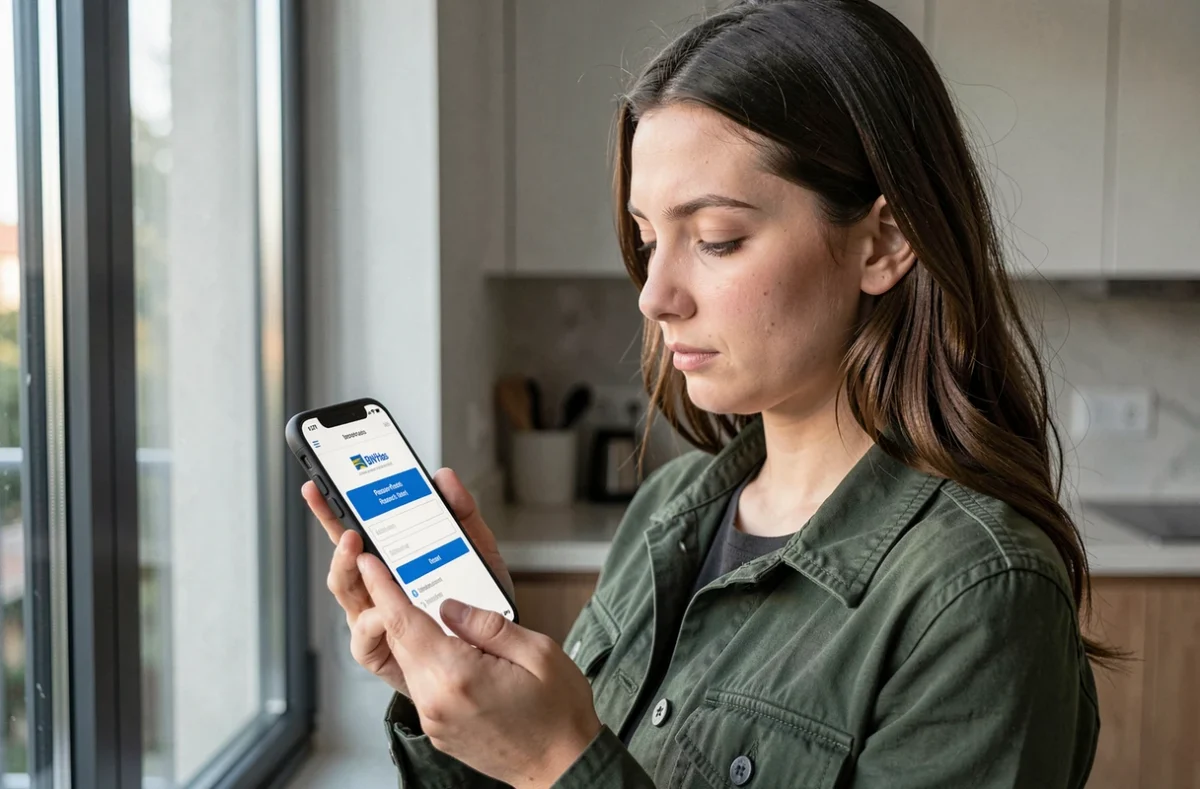 Jeune femme consultant les étapes de réinitialisation de son mot de passe bancaire sur son smartphone