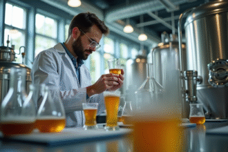 Expert en bières artisanales examinant une bière dans un laboratoire
