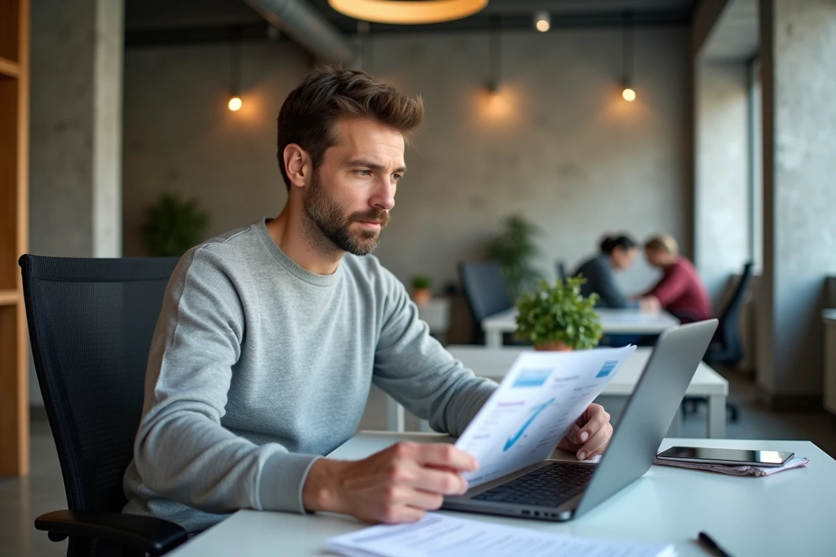 Entrepreneur consultant une plateforme de comptabilité en ligne dans un espace de coworking moderne