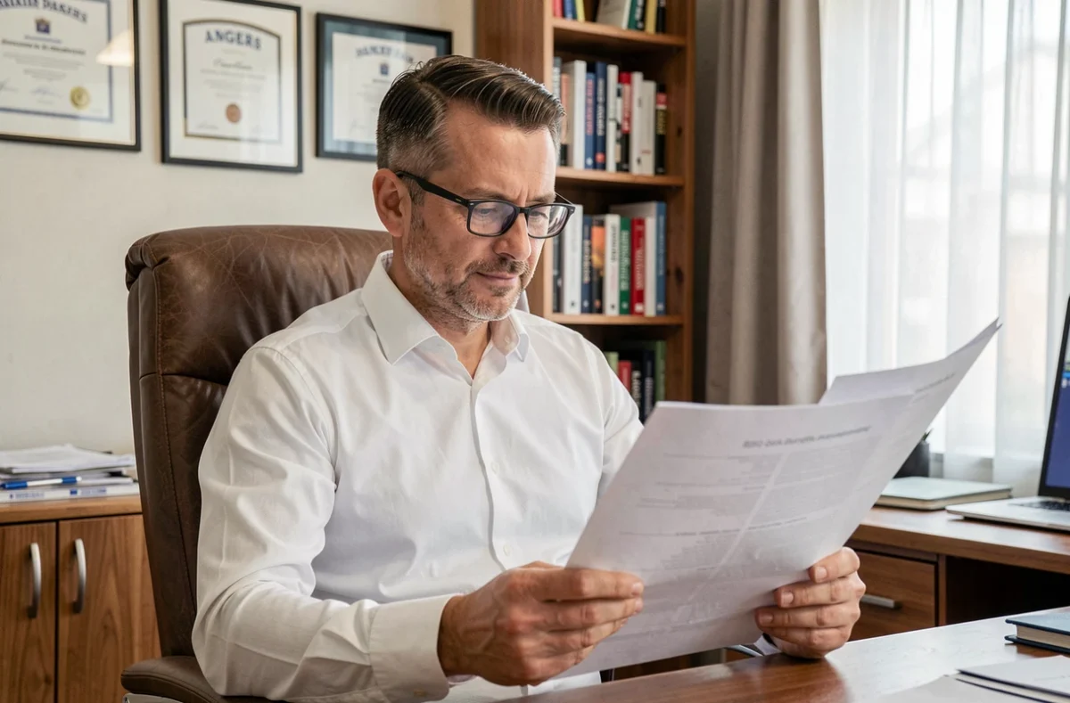 Fabien Huet, expert SEO en Maine-et-Loire, examinant un rapport d'audit de référencement dans son bureau professionnel à Angers