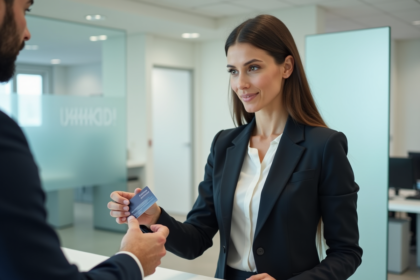 Femme en costume professionnel remettant sa carte d'identité à un agent