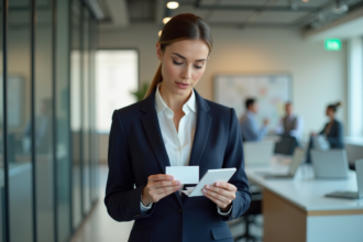 Femme d'affaires en blazer bleu tenant une carte de visite