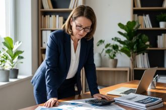 Femme d'affaires en costume analysant des graphiques financiers